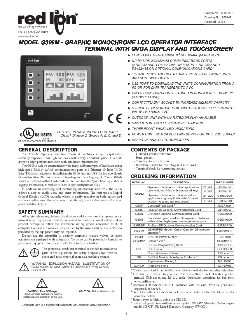 First Page Image of G306MS10 Red Lion G306M Product Manual G306MH-E.pdf